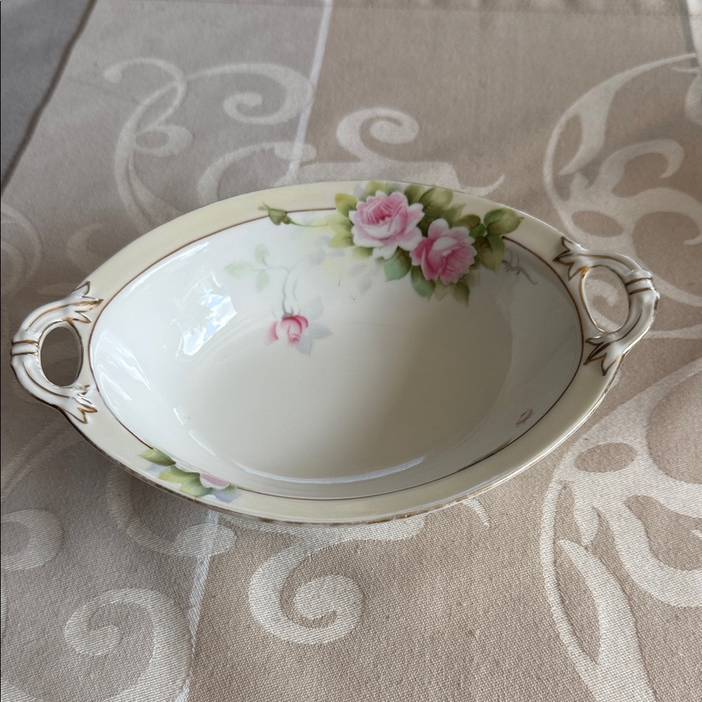 Vintage Nippon Hand Painted Floral Oval  Porcelain Bowl